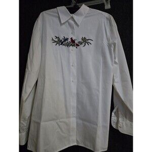 Vintage 1990’s Embroidered Birds on Holly Holiday Button Down Shirt Womens Sz 12